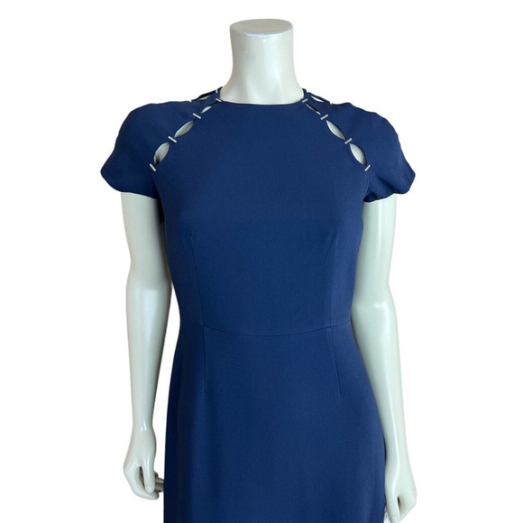 NEW Jonathan Simkhai Stapled Crepe Dress Slashed Blue Flounce Hem Cutout Slit 6 - Picture 5 of 12